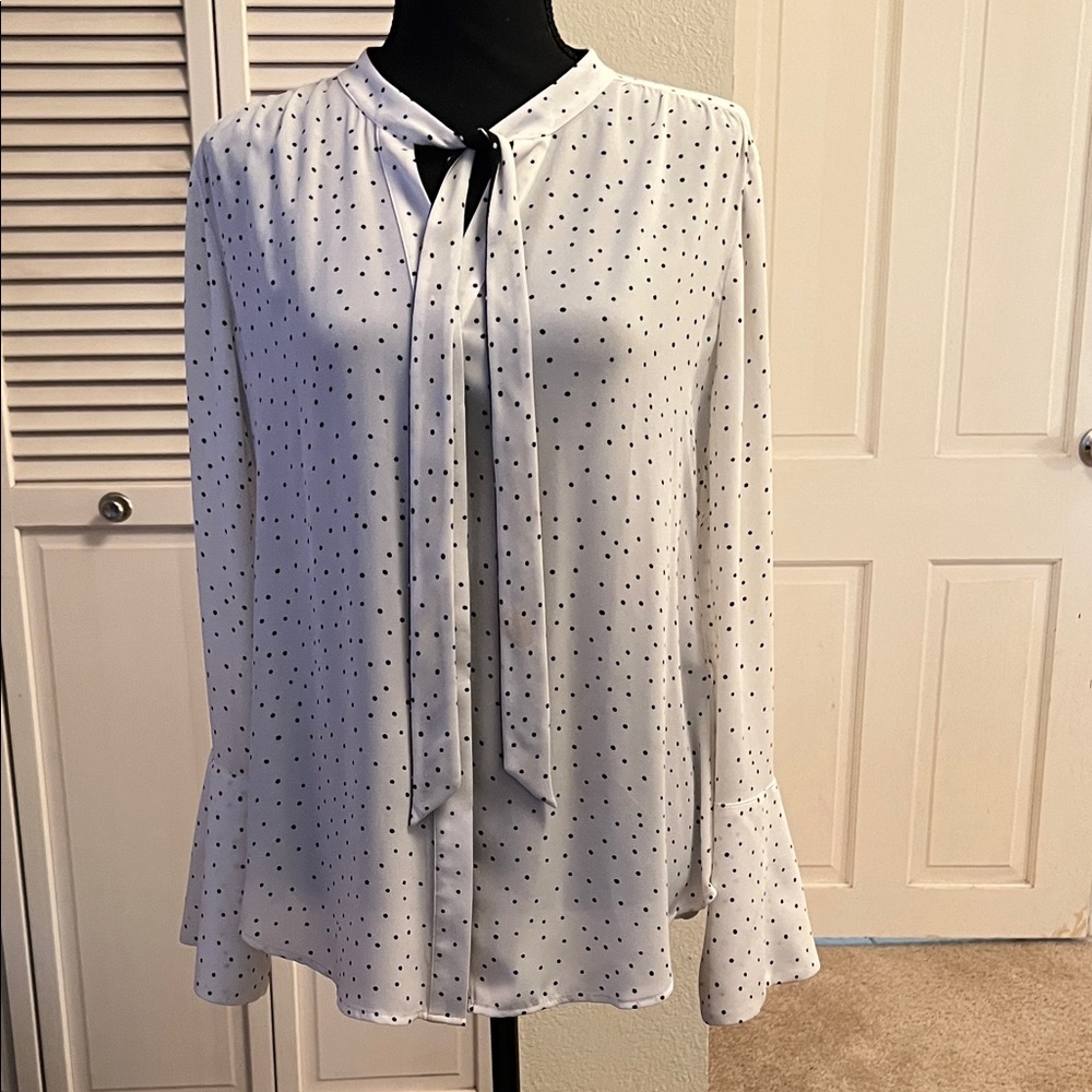 White House Black Market White Blouse with Black Dots